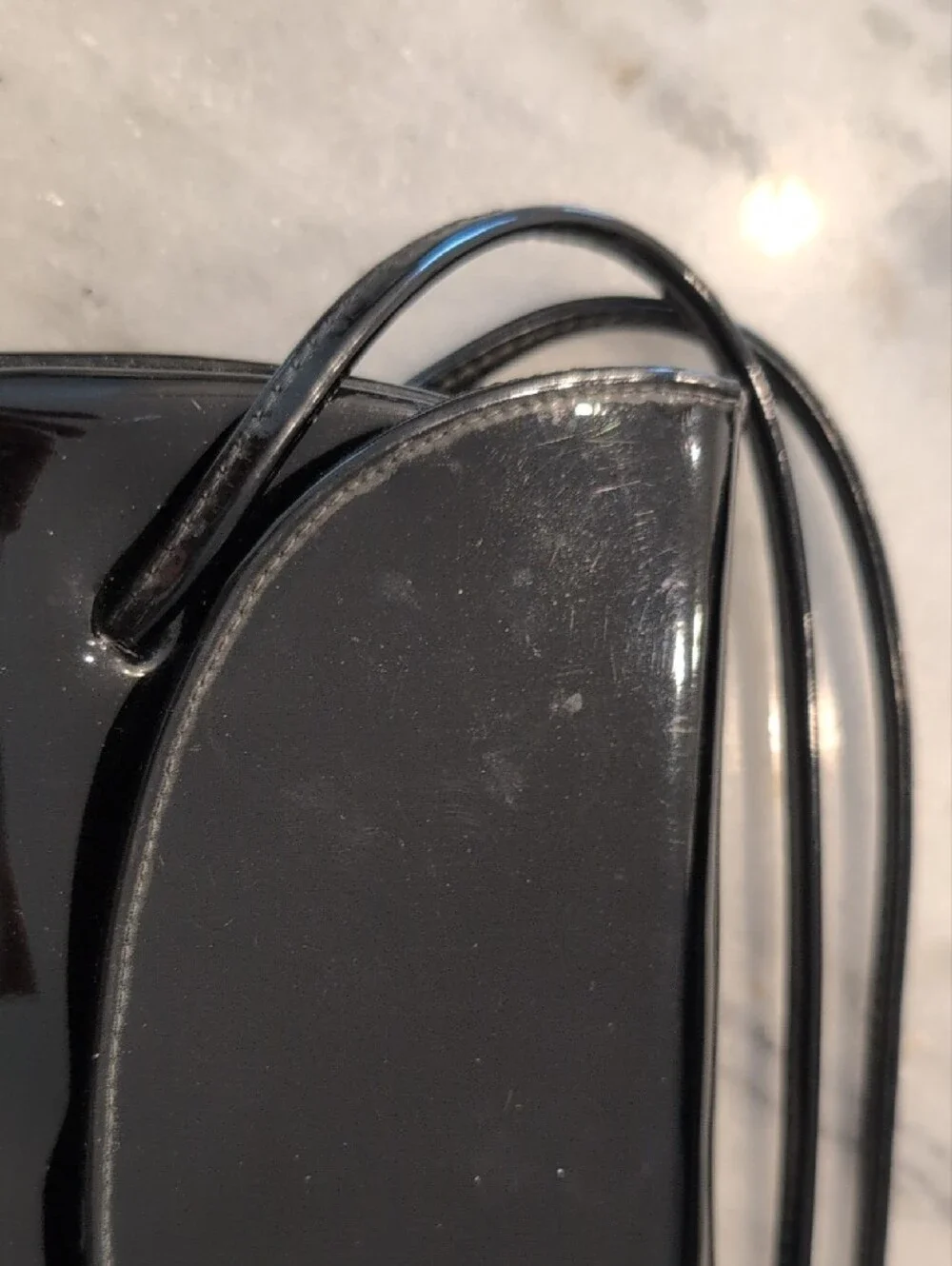Vintage Glossy Black Patent Handbag with Slim Straps